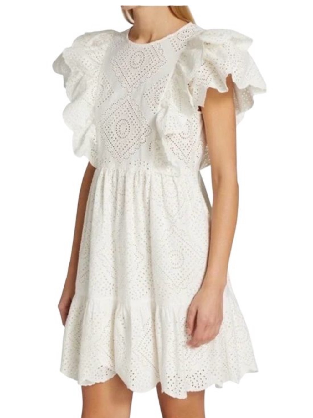 Sea New York White Eyelet Ruffle Sleeve Dress Size S